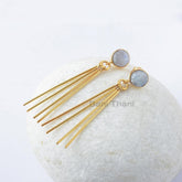 Rainbow Moonstone Earrings, Rainbow 9mm Round Gemstone Drop Earrings, Gold Plated 925 Sterling Silver Earrings, Long Bar Earrings, Gift For Women